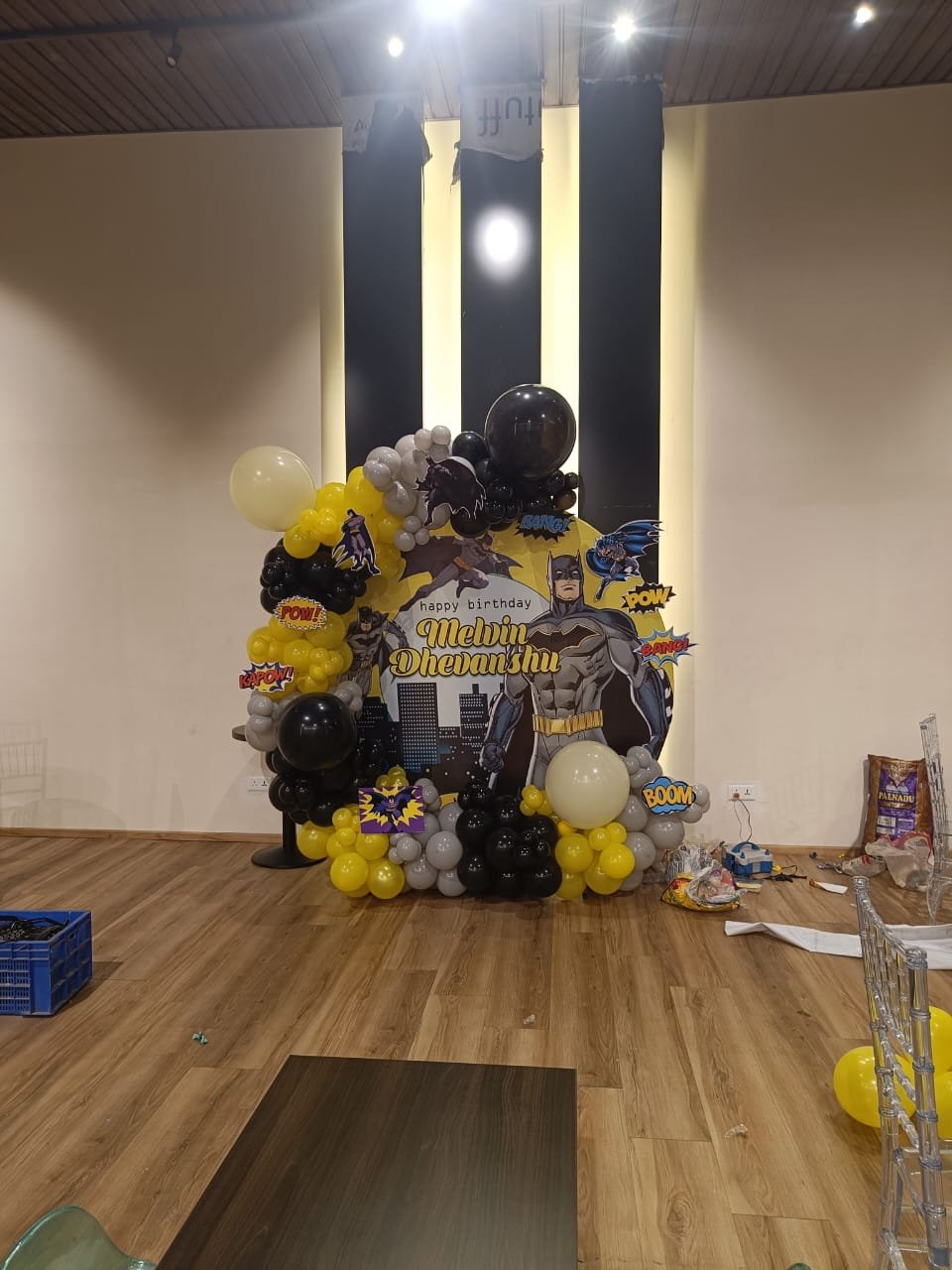 A blue birthday party decoration setup