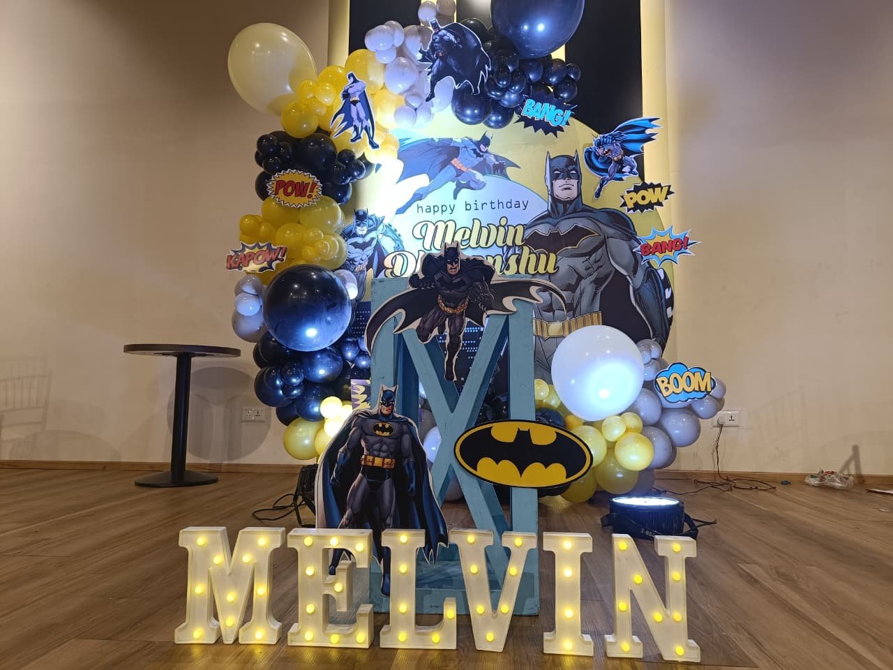 A superhero birthday decoration setup